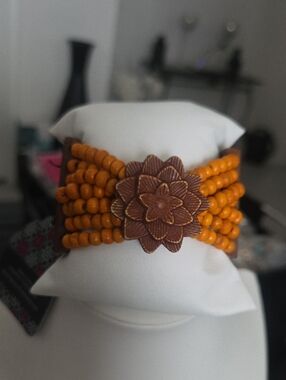 Paparazzi Orange Beaded Brown Flower Wood Bracelet NWT